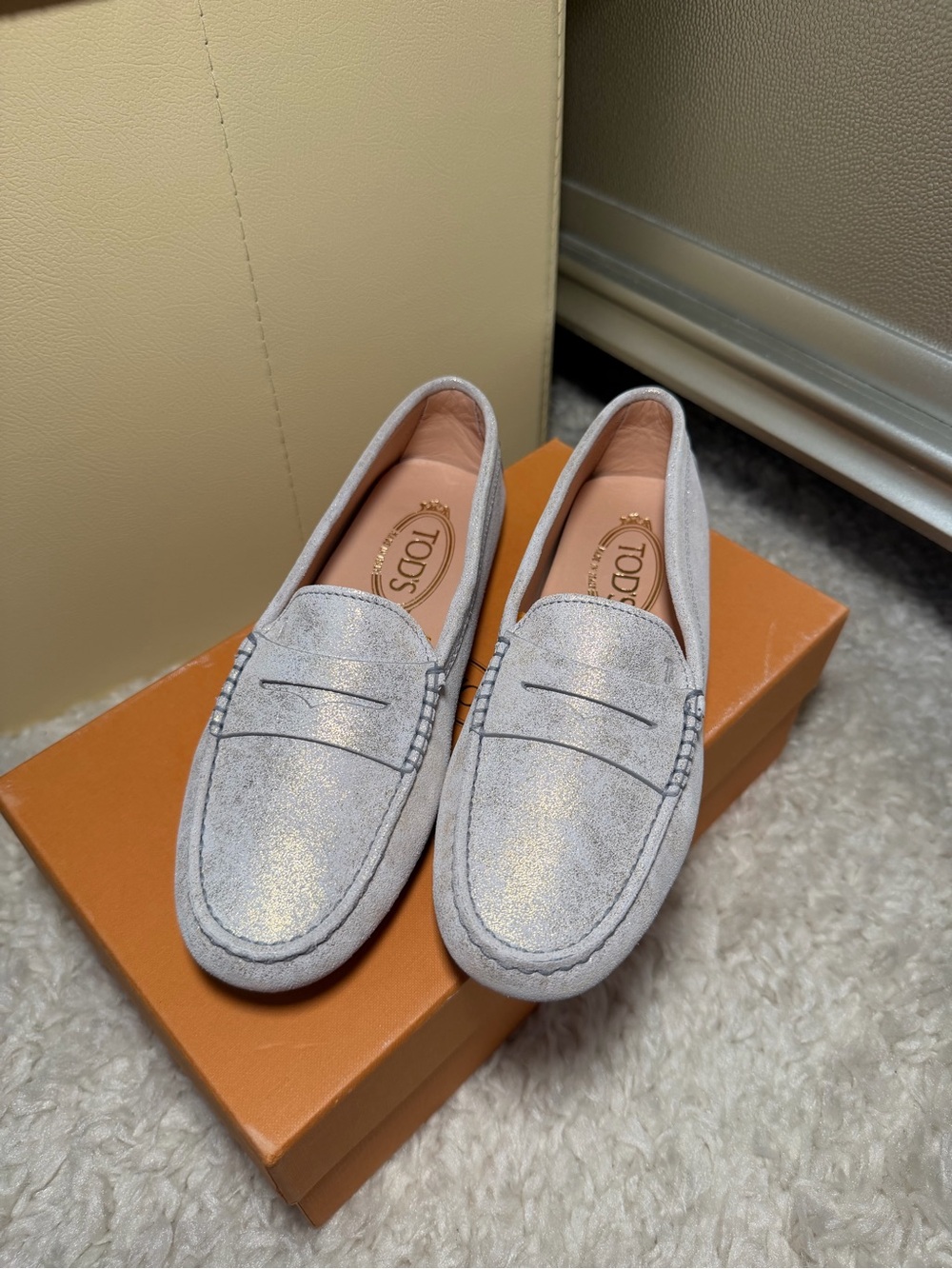 Tod's Gommino Loafers Nubuck Silver Gold Metallic Loafers
